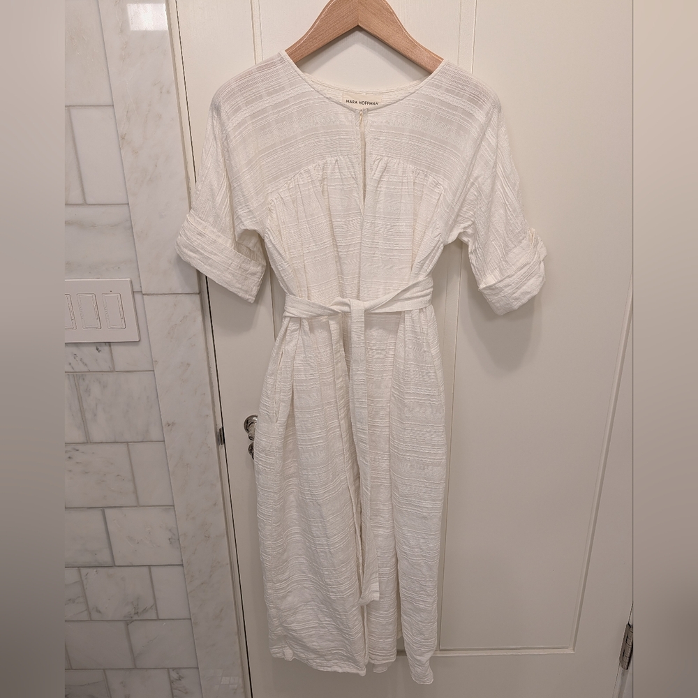 Mara Hoffman Cream Textured Midi Dress with Waist Tie